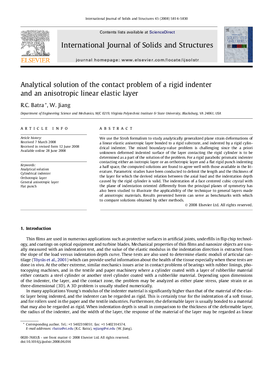 Analytical solution of the contact problem of a rigid indenter and an anisotropic linear elastic layer