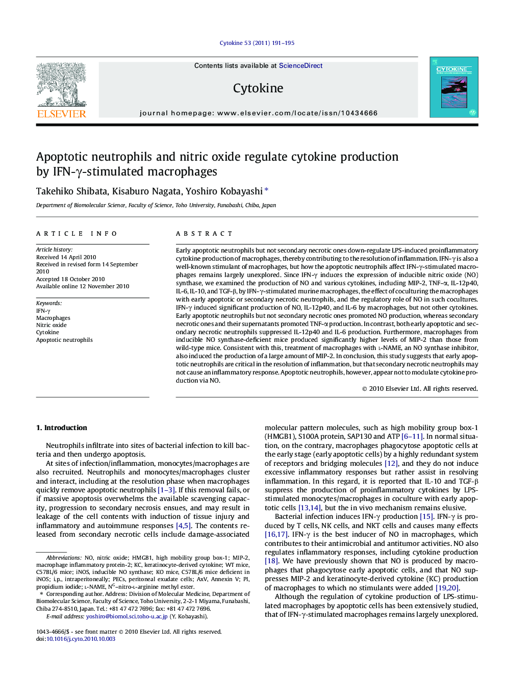 Apoptotic neutrophils and nitric oxide regulate cytokine production by IFN-γ-stimulated macrophages