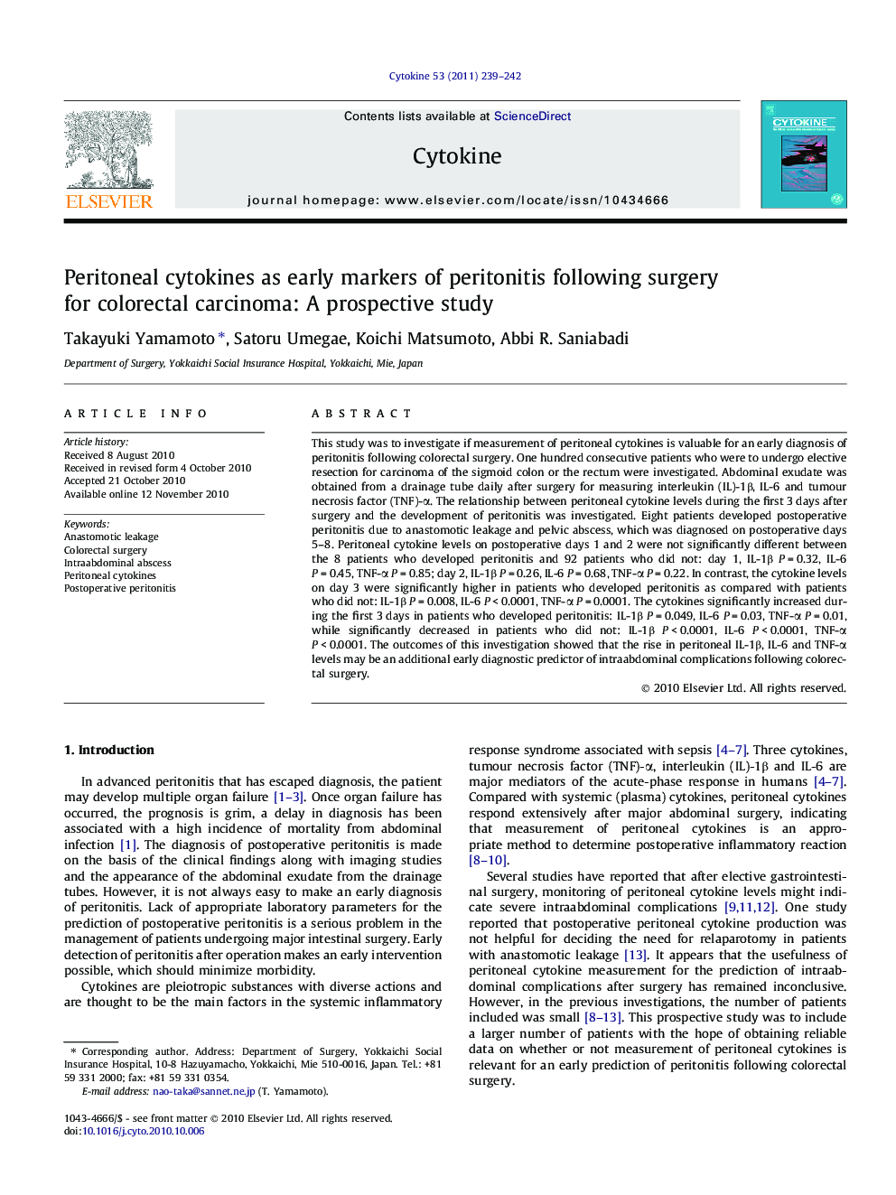 Peritoneal cytokines as early markers of peritonitis following surgery for colorectal carcinoma: A prospective study