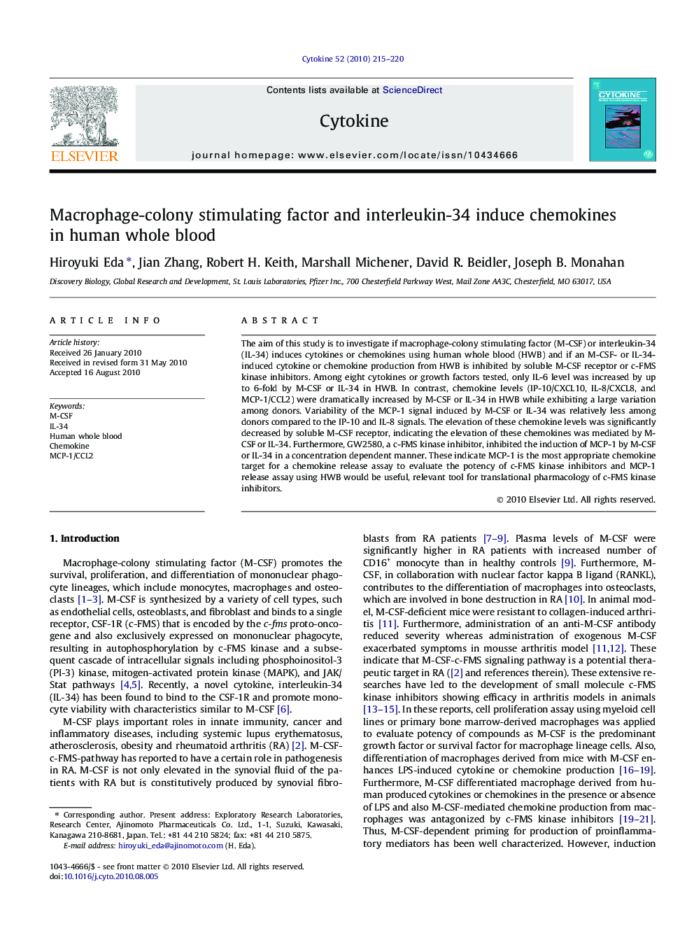 Macrophage-colony stimulating factor and interleukin-34 induce chemokines in human whole blood