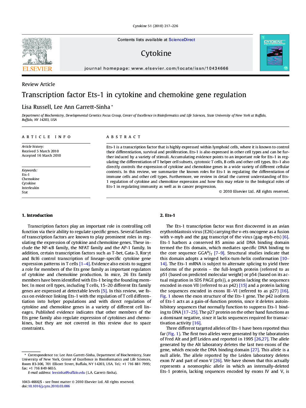 Transcription factor Ets-1 in cytokine and chemokine gene regulation