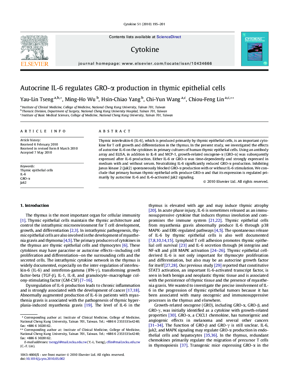 Autocrine IL-6 regulates GRO-α production in thymic epithelial cells