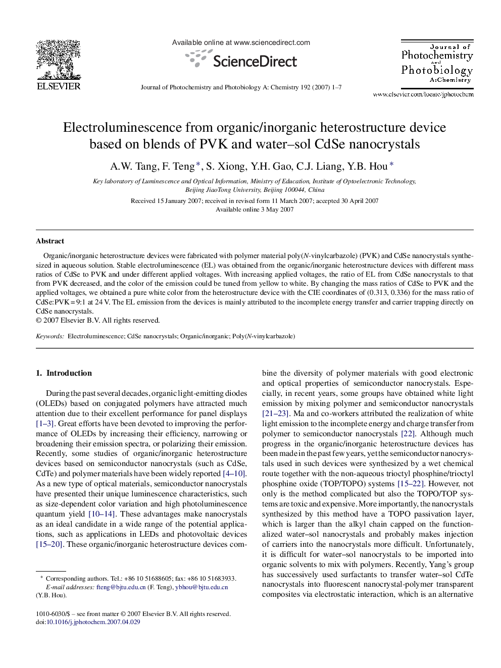 Electroluminescence from organic/inorganic heterostructure device based on blends of PVK and water–sol CdSe nanocrystals