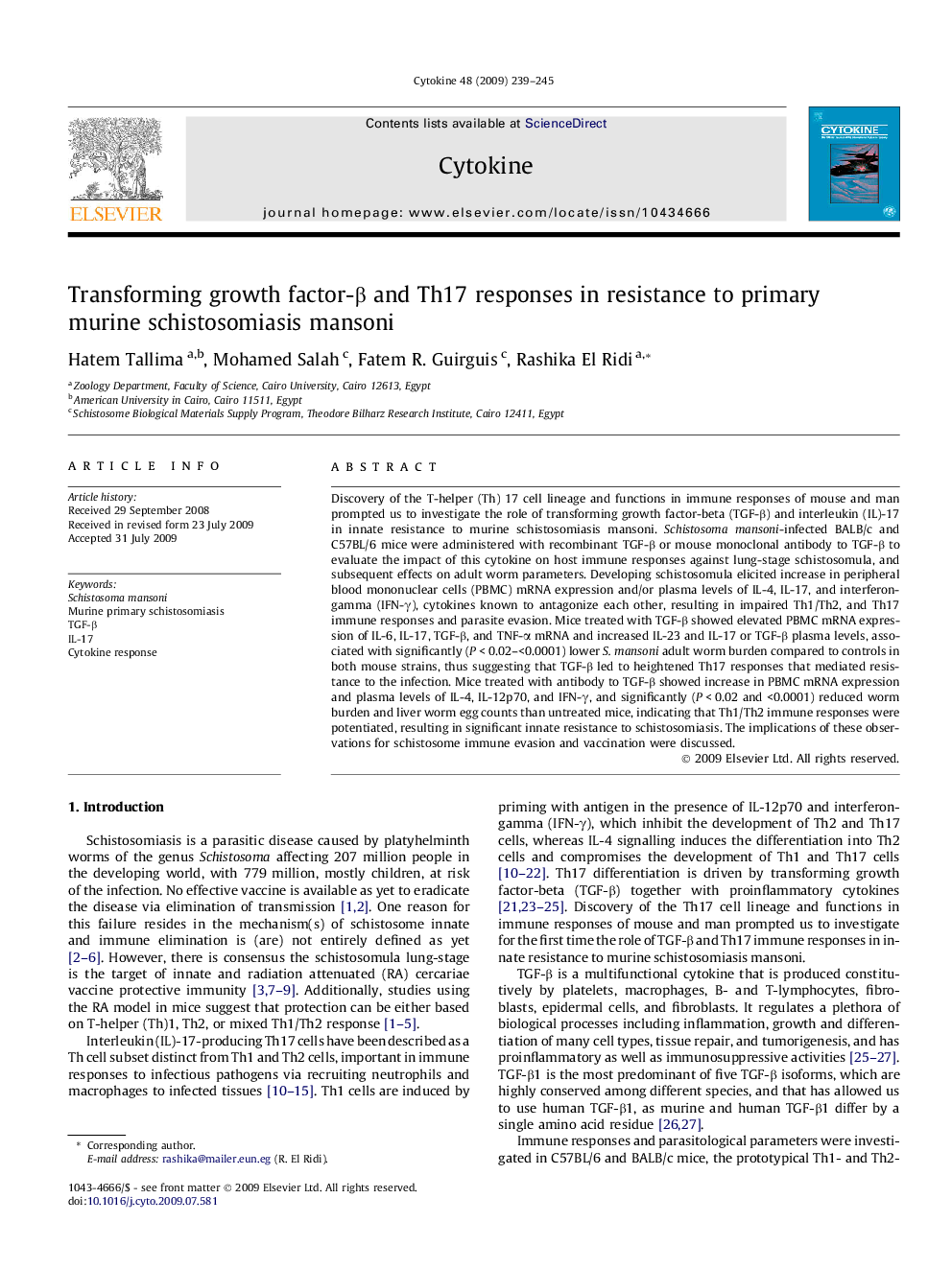 Transforming growth factor-β and Th17 responses in resistance to primary murine schistosomiasis mansoni