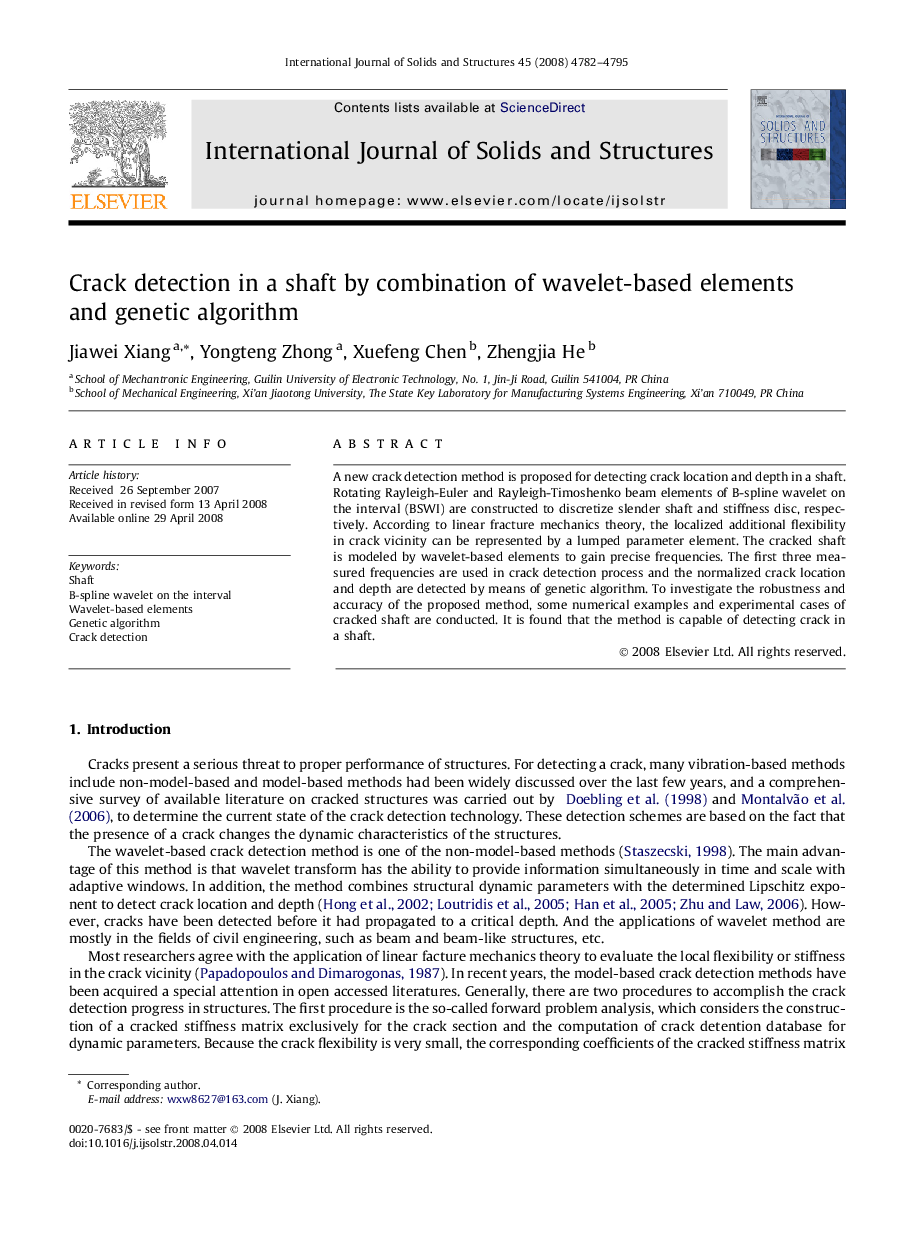 Crack detection in a shaft by combination of wavelet-based elements and genetic algorithm