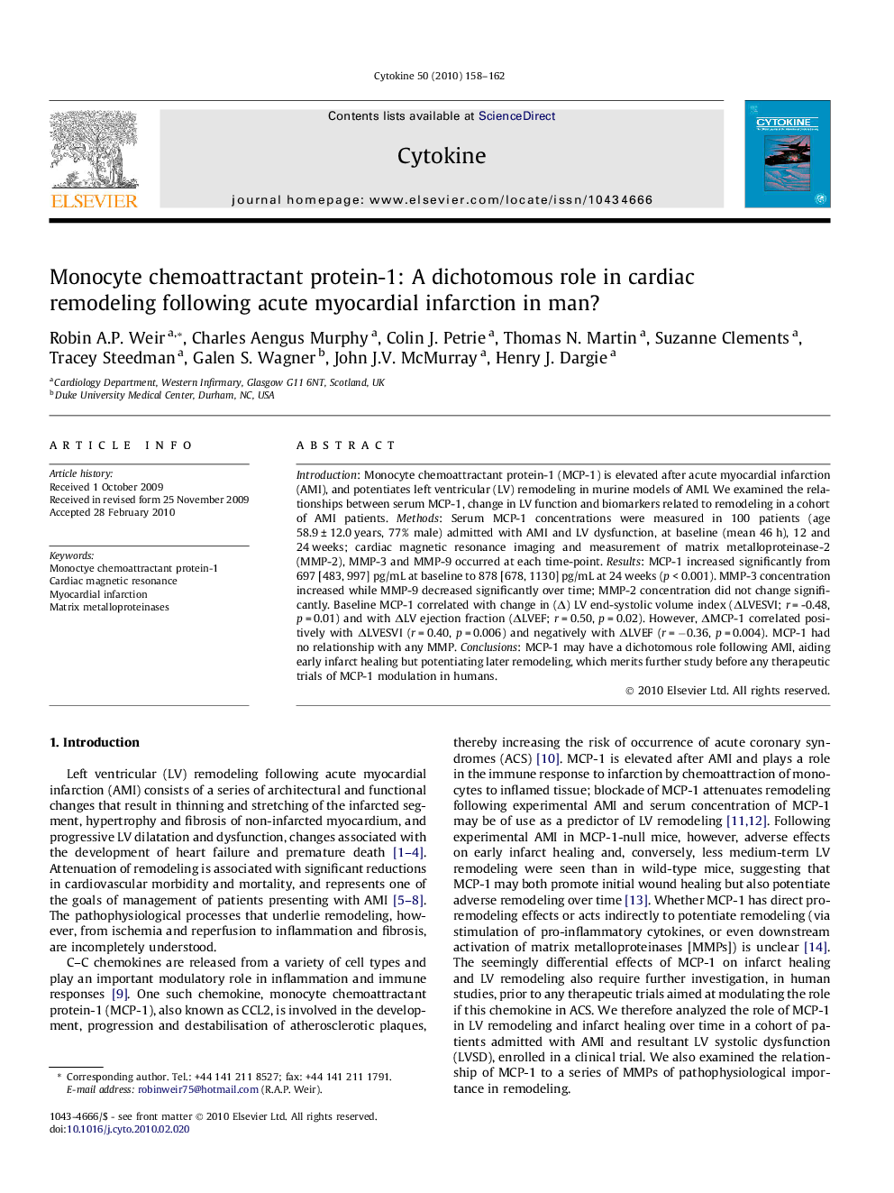 Monocyte chemoattractant protein-1: A dichotomous role in cardiac remodeling following acute myocardial infarction in man?