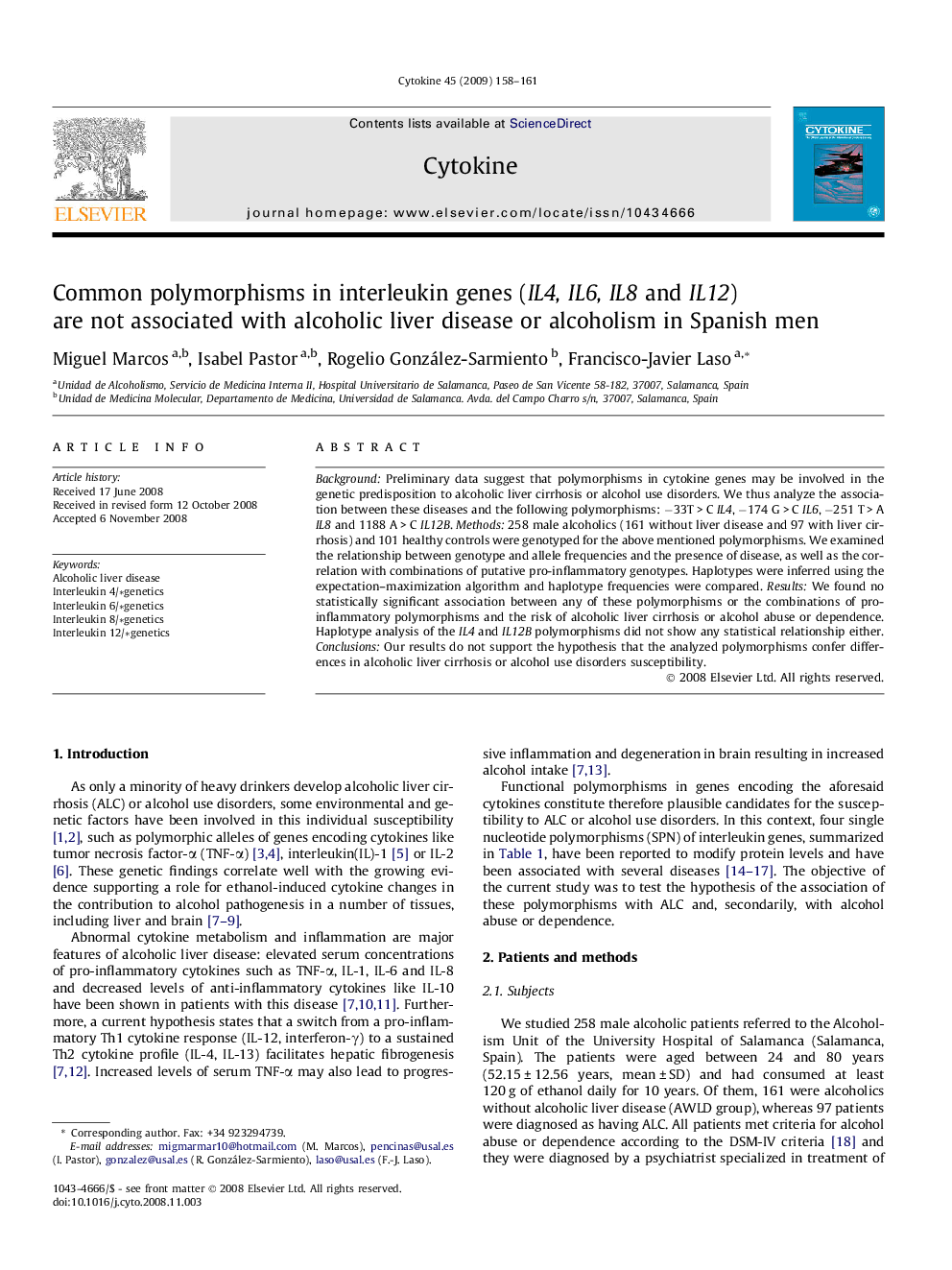 Common polymorphisms in interleukin genes (IL4, IL6, IL8 and IL12) are not associated with alcoholic liver disease or alcoholism in Spanish men