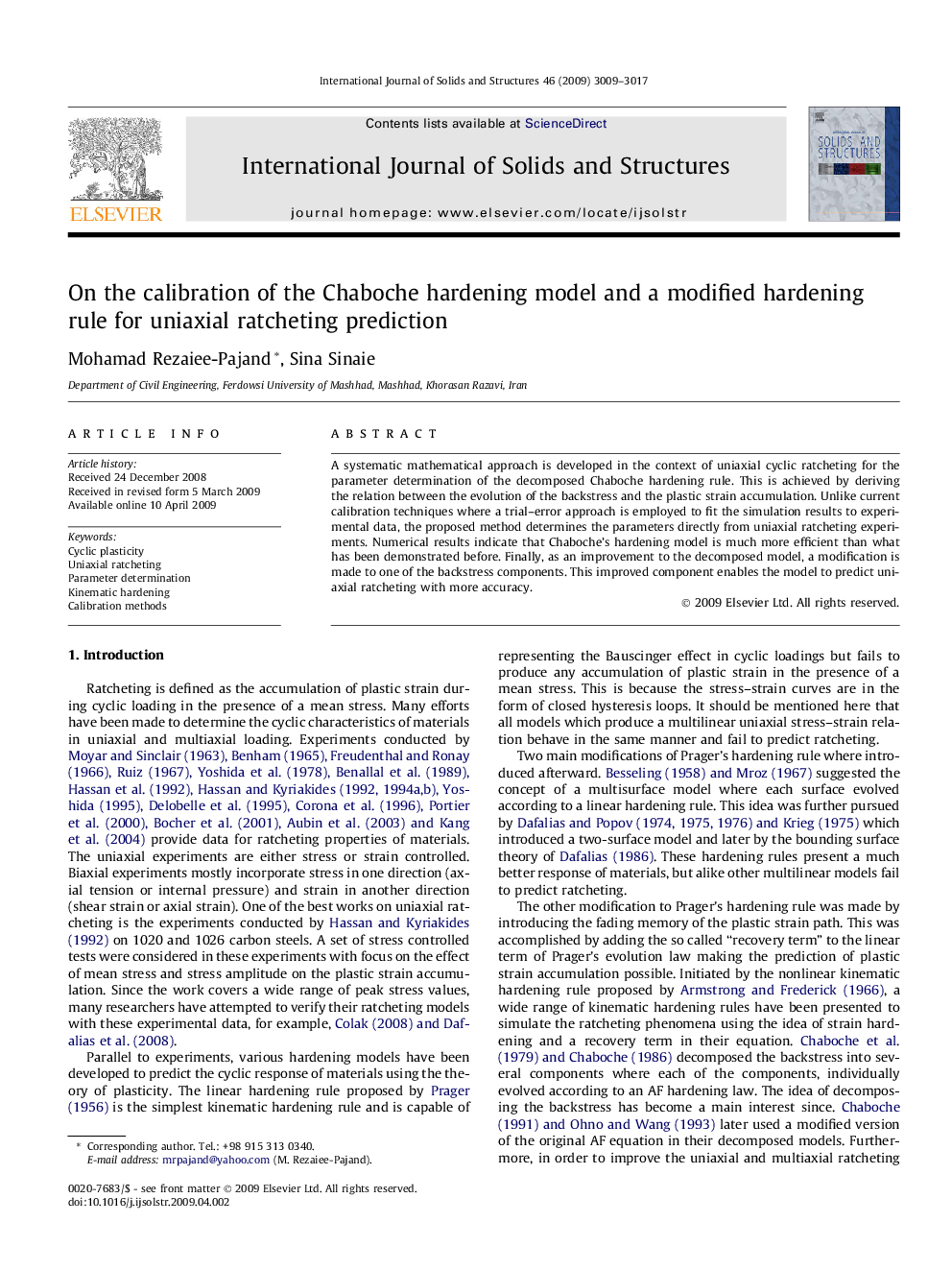 On the calibration of the Chaboche hardening model and a modified hardening rule for uniaxial ratcheting prediction