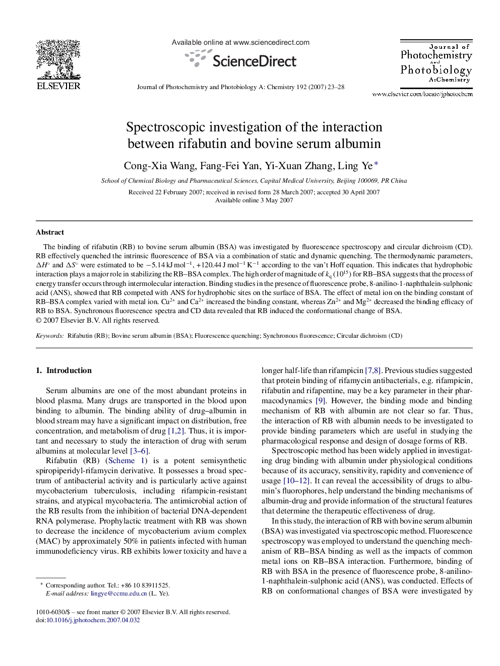 Spectroscopic investigation of the interaction between rifabutin and bovine serum albumin