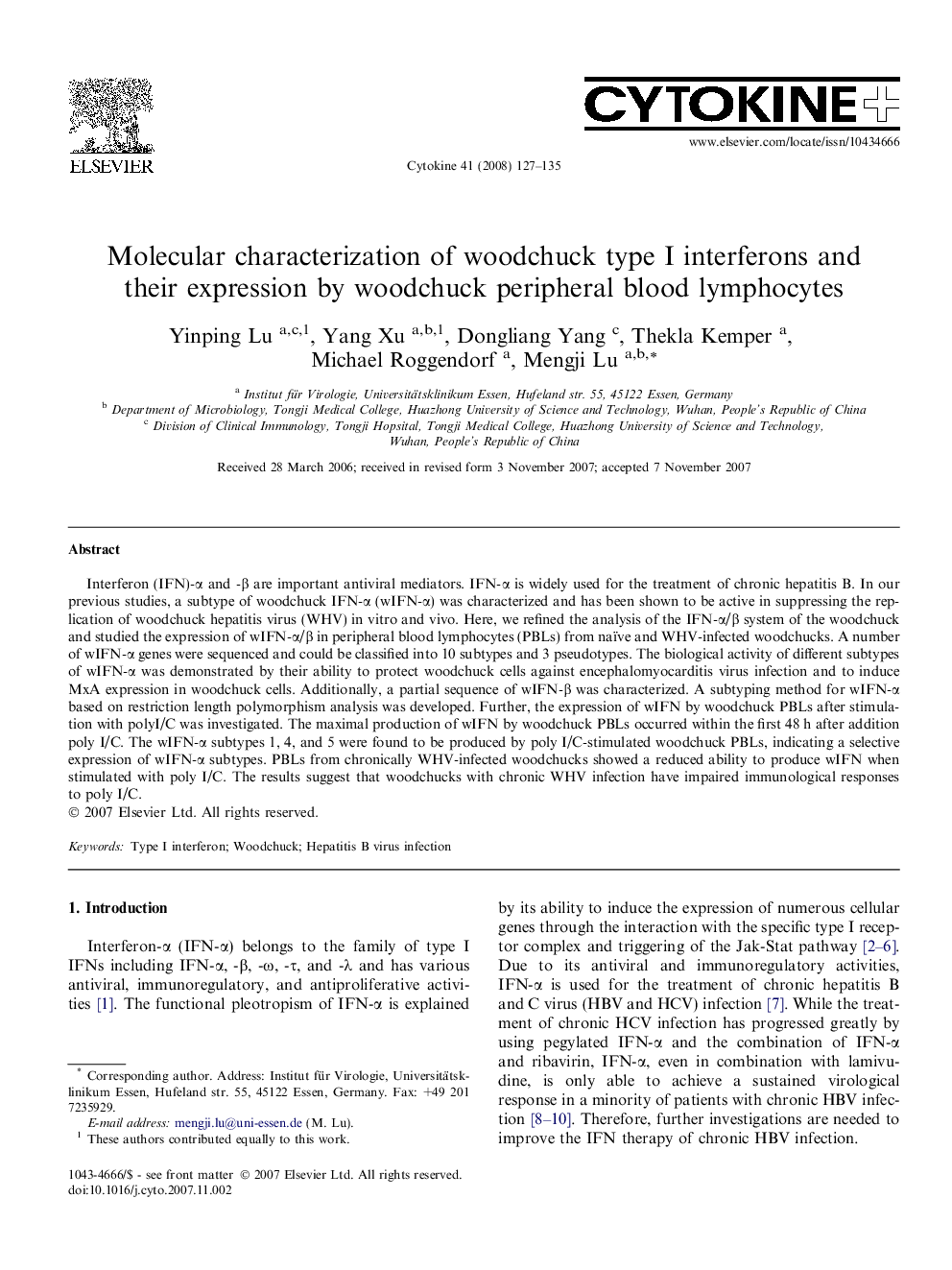 Molecular characterization of woodchuck type I interferons and their expression by woodchuck peripheral blood lymphocytes