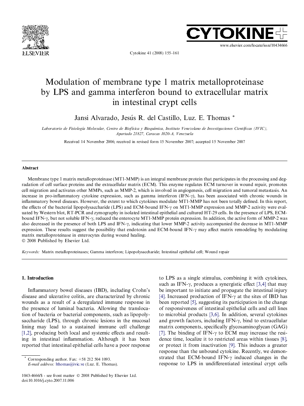 Modulation of membrane type 1 matrix metalloproteinase by LPS and gamma interferon bound to extracellular matrix in intestinal crypt cells