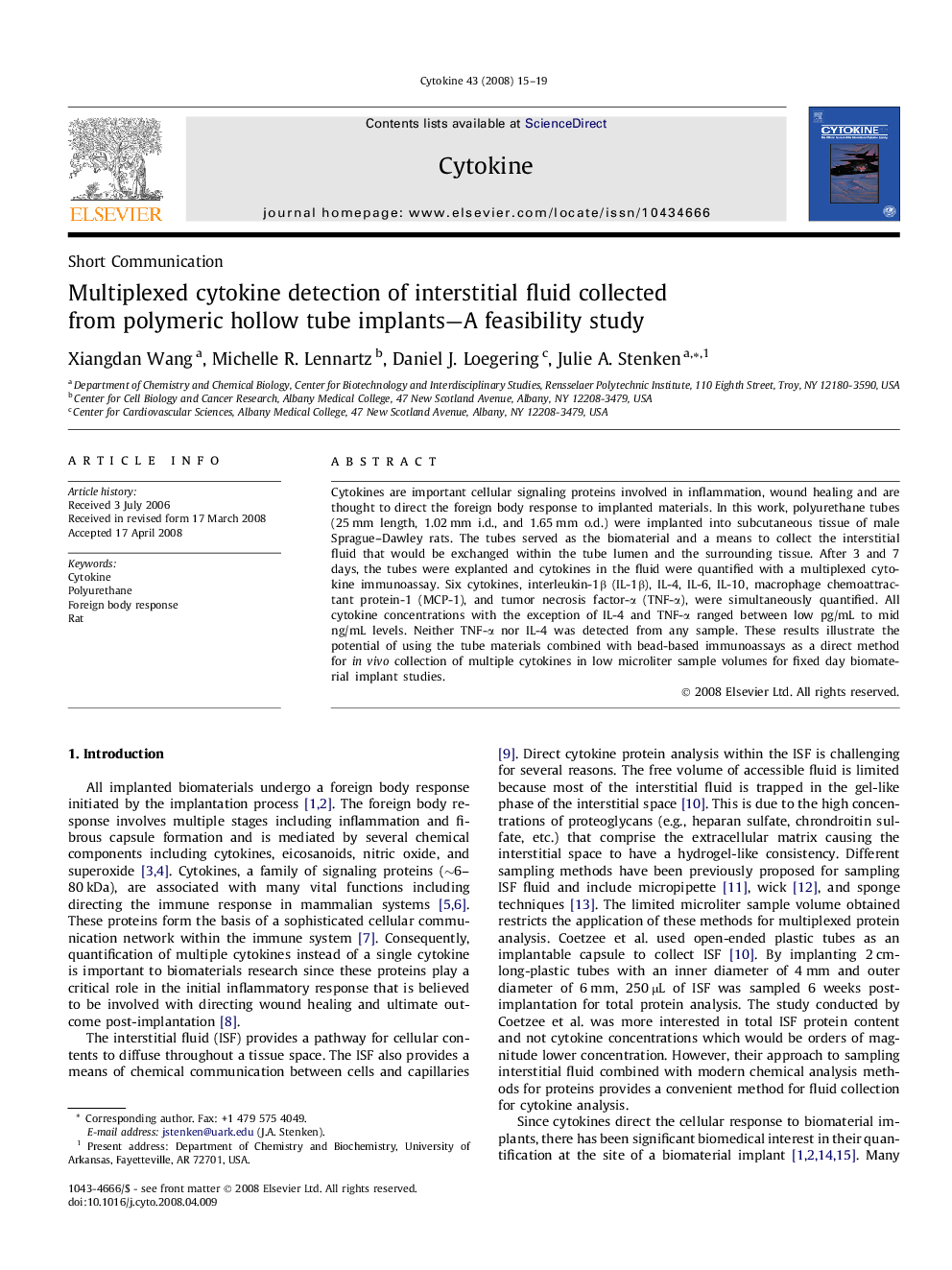 Multiplexed cytokine detection of interstitial fluid collected from polymeric hollow tube implants-A feasibility study