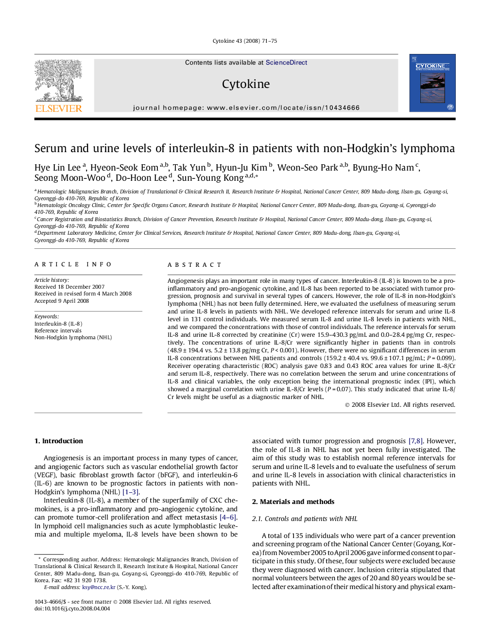 Serum and urine levels of interleukin-8 in patients with non-Hodgkin’s lymphoma