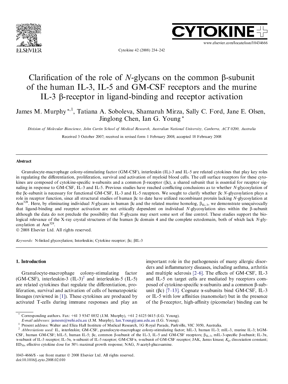 Clarification of the role of N-glycans on the common Î²-subunit of the human IL-3, IL-5 and GM-CSF receptors and the murine IL-3 Î²-receptor in ligand-binding and receptor activation