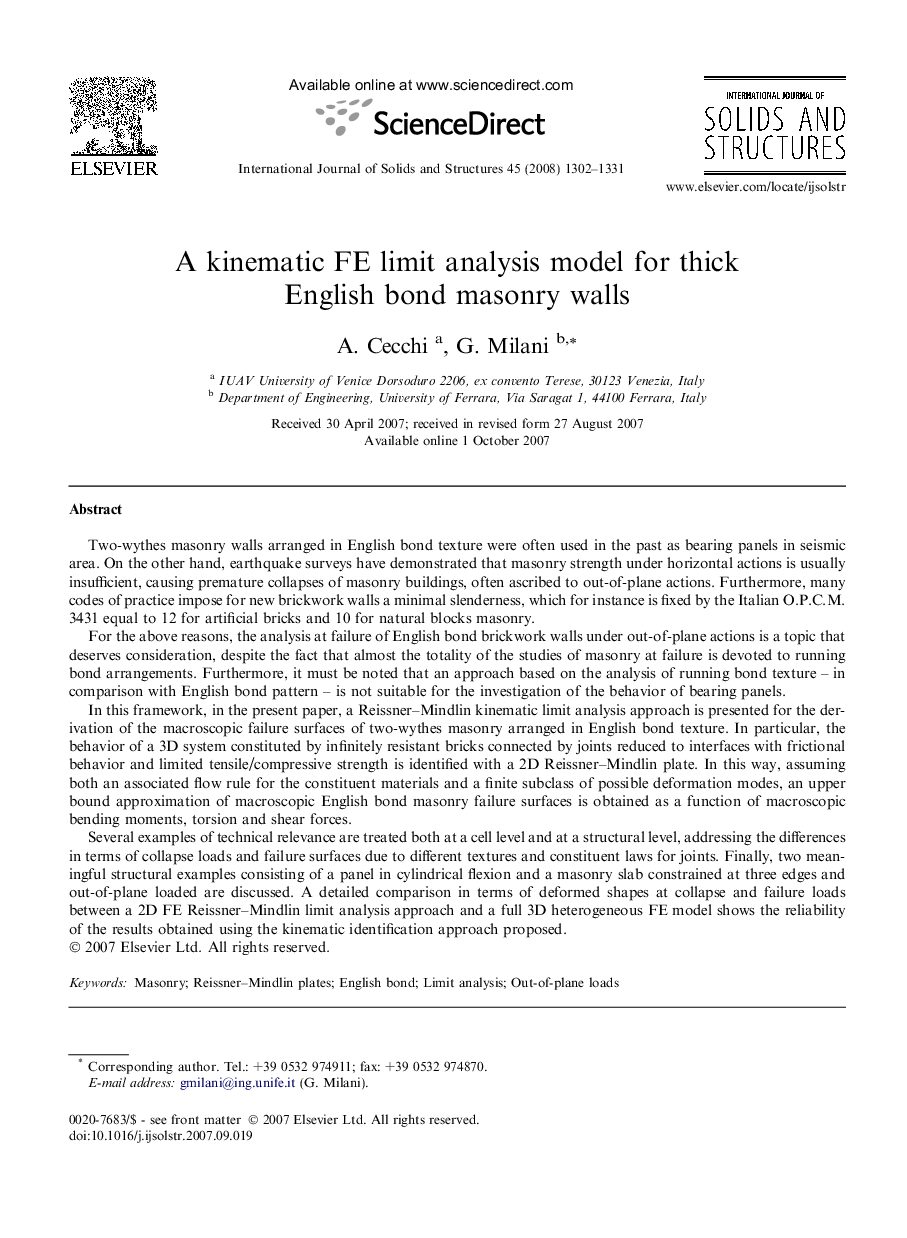 A kinematic FE limit analysis model for thick English bond masonry walls