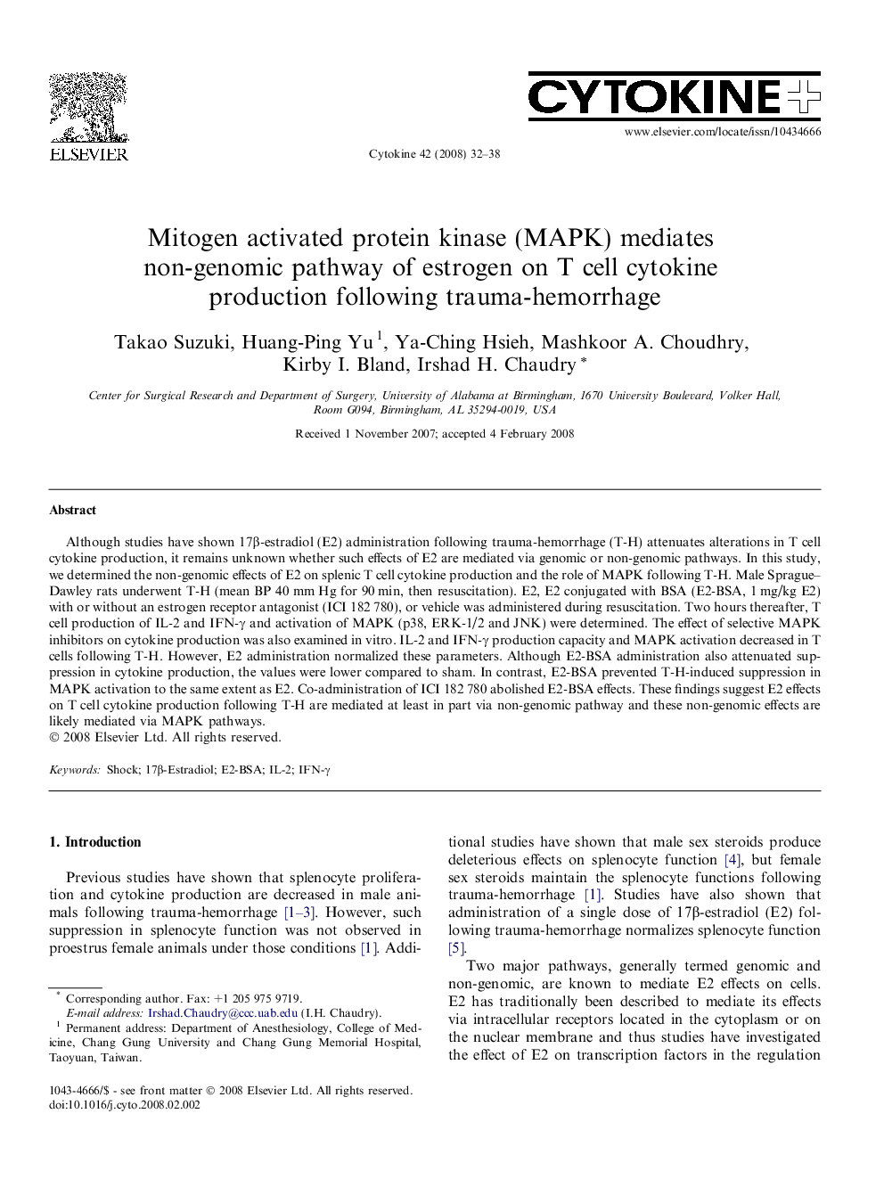 Mitogen activated protein kinase (MAPK) mediates non-genomic pathway of estrogen on T cell cytokine production following trauma-hemorrhage