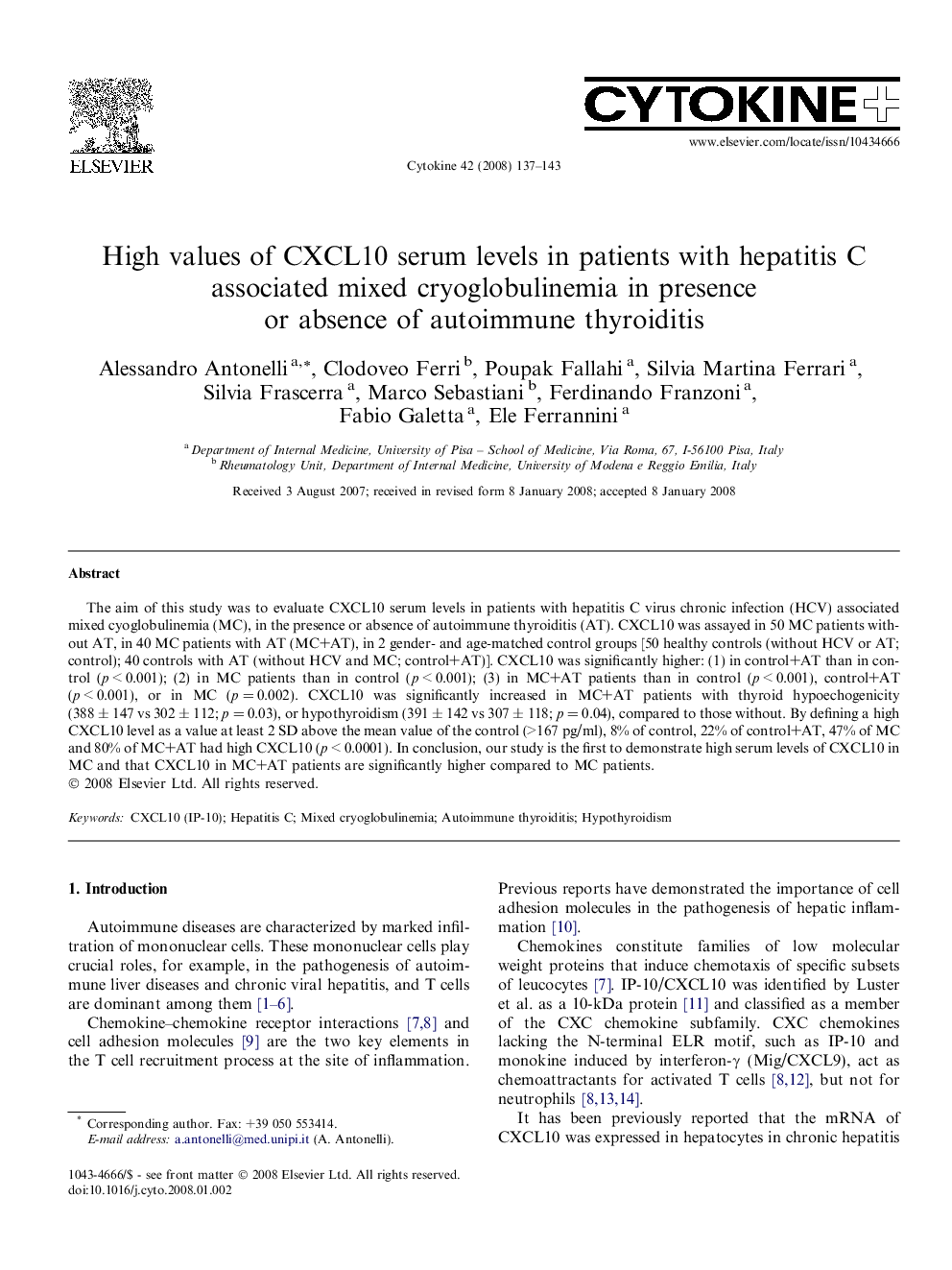 High values of CXCL10 serum levels in patients with hepatitis C associated mixed cryoglobulinemia in presence or absence of autoimmune thyroiditis