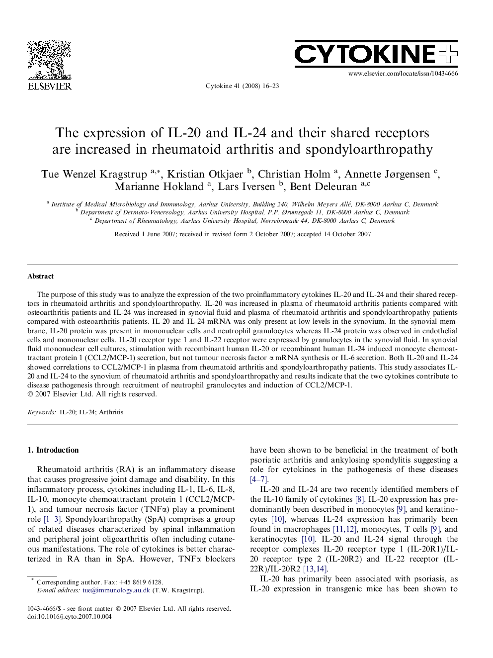 عکس صفحه اول مقاله: The expression of IL-20 and IL-24 and their shared receptors are increased in rheumatoid arthritis and spondyloarthropathy The expression of IL-20 and IL-24 and their shared receptors are increased in rheumatoid arthritis and spondyloarthropathy