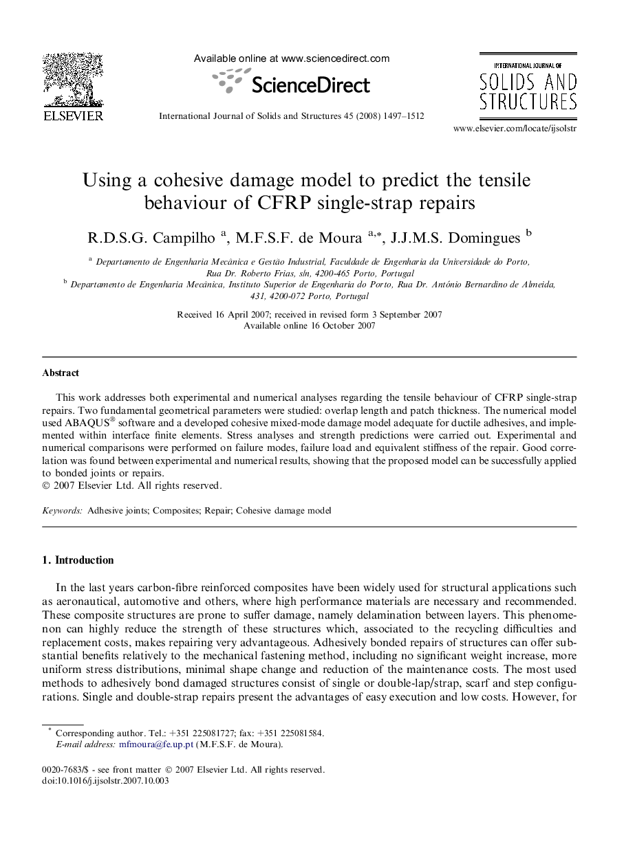 Using a cohesive damage model to predict the tensile behaviour of CFRP single-strap repairs