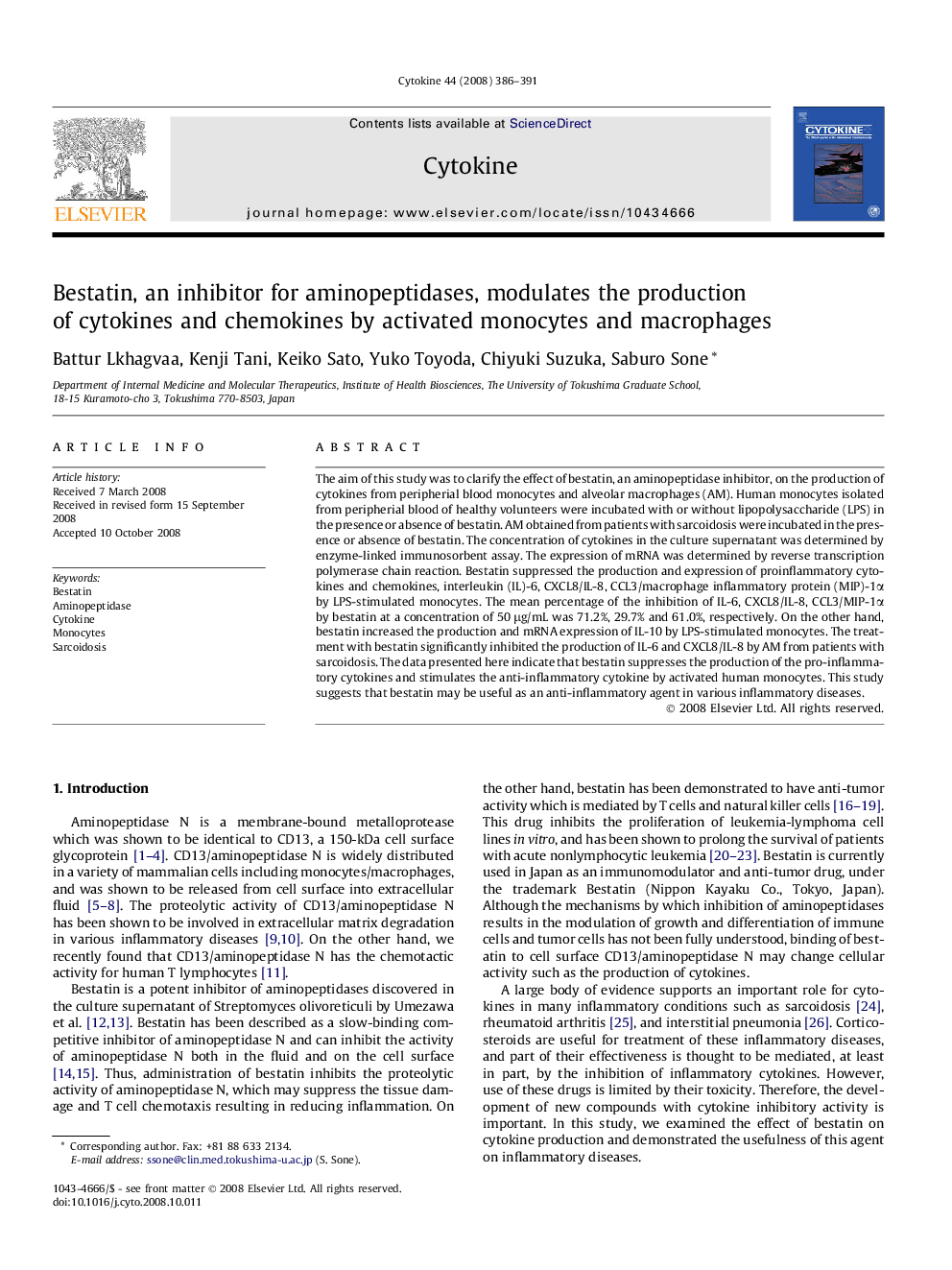 Bestatin, an inhibitor for aminopeptidases, modulates the production of cytokines and chemokines by activated monocytes and macrophages