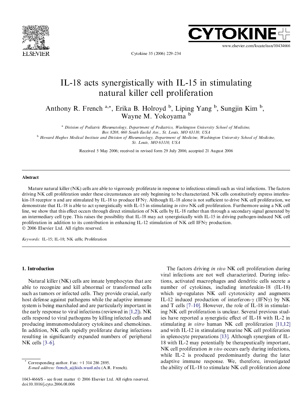 IL-18 acts synergistically with IL-15 in stimulating natural killer cell proliferation