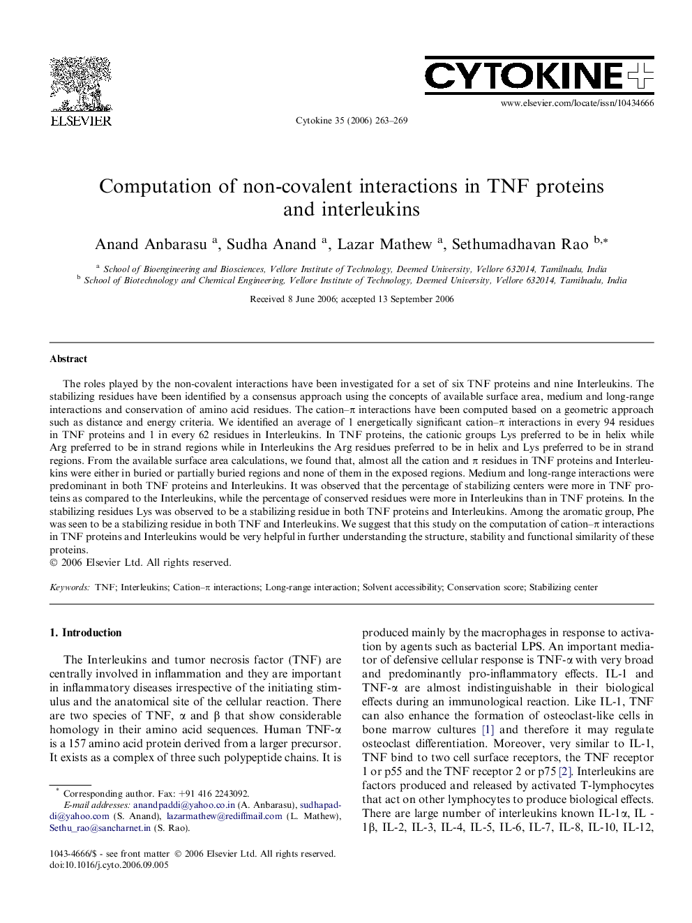 Computation of non-covalent interactions in TNF proteins and interleukins