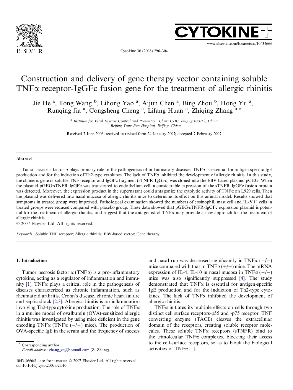 Construction and delivery of gene therapy vector containing soluble TNFÎ± receptor-IgGFc fusion gene for the treatment of allergic rhinitis