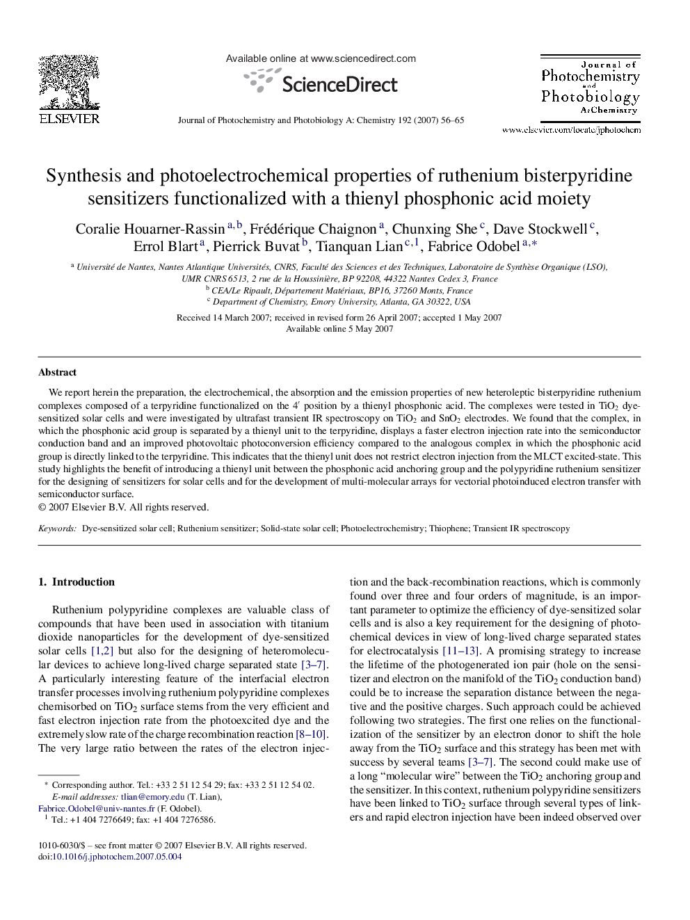 Synthesis and photoelectrochemical properties of ruthenium bisterpyridine sensitizers functionalized with a thienyl phosphonic acid moiety