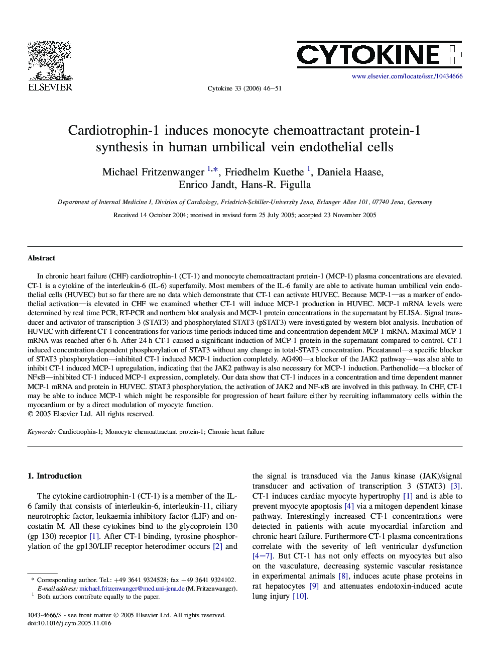 Cardiotrophin-1 induces monocyte chemoattractant protein-1 synthesis in human umbilical vein endothelial cells