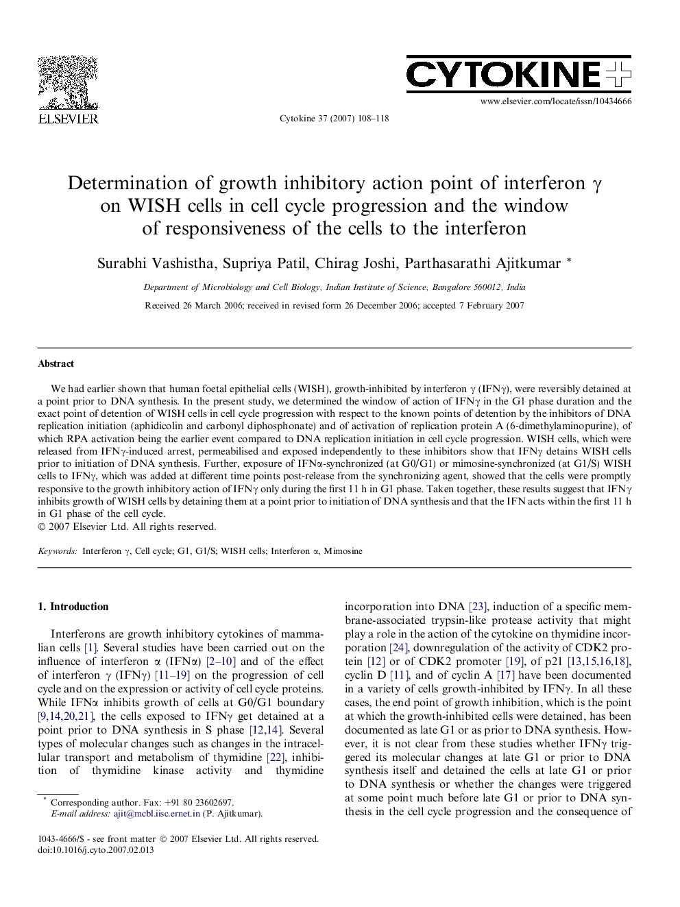 Determination of growth inhibitory action point of interferon Î³ on WISH cells in cell cycle progression and the window of responsiveness of the cells to the interferon