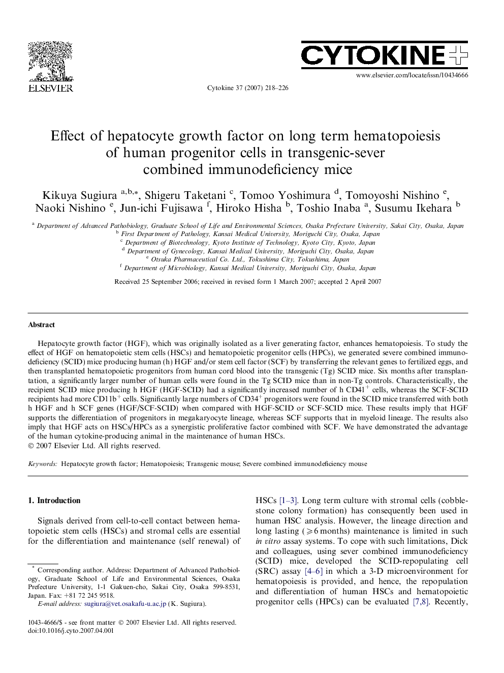 Effect of hepatocyte growth factor on long term hematopoiesis of human progenitor cells in transgenic-sever combined immunodeficiency mice