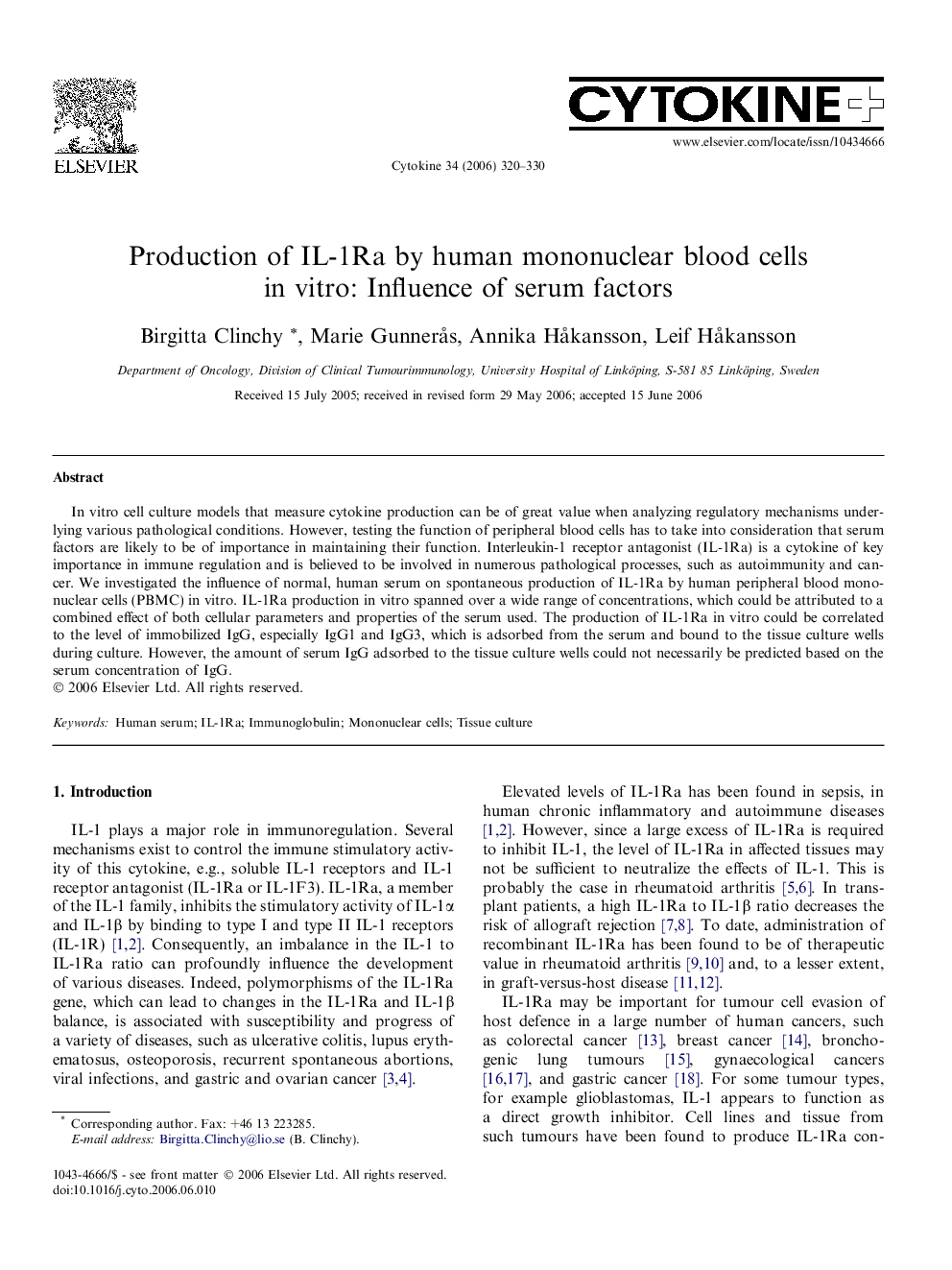 Production of IL-1Ra by human mononuclear blood cells in vitro: Influence of serum factors