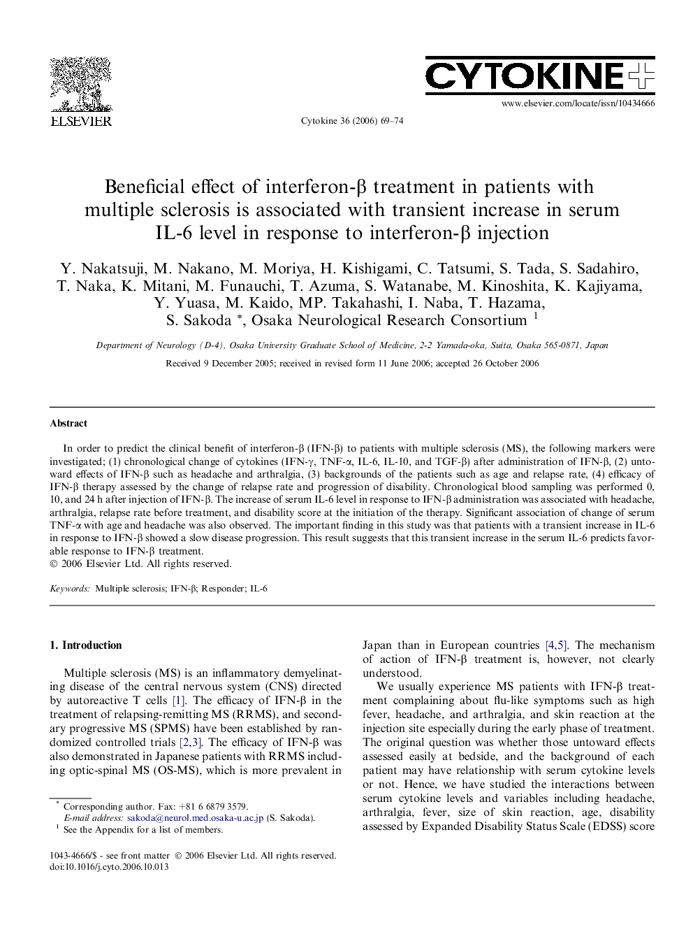 Beneficial effect of interferon-Î² treatment in patients with multiple sclerosis is associated with transient increase in serum IL-6 level in response to interferon-Î² injection