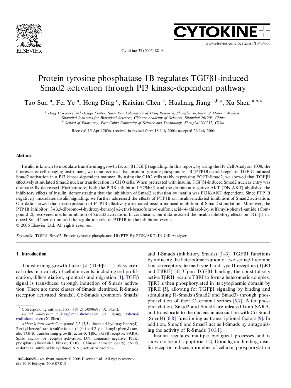 Protein tyrosine phosphatase 1B regulates TGFβ1-induced Smad2 activation through PI3 kinase-dependent pathway