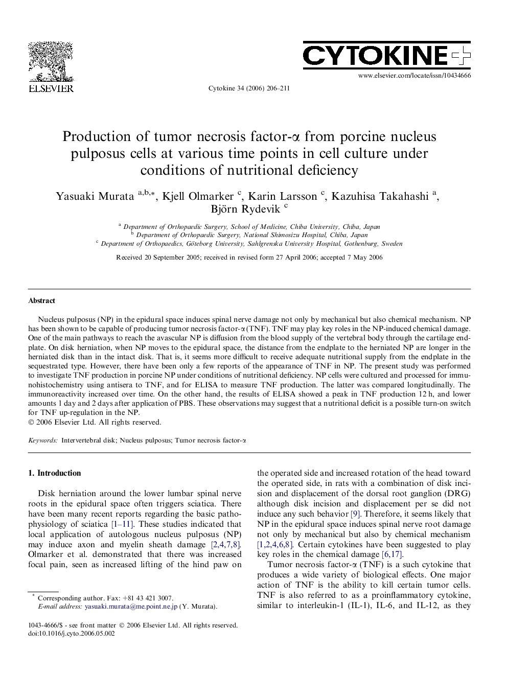 Production of tumor necrosis factor-α from porcine nucleus pulposus cells at various time points in cell culture under conditions of nutritional deficiency