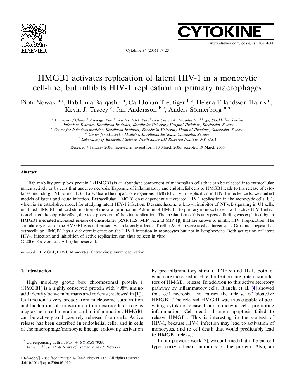 HMGB1 activates replication of latent HIV-1 in a monocytic cell-line, but inhibits HIV-1 replication in primary macrophages