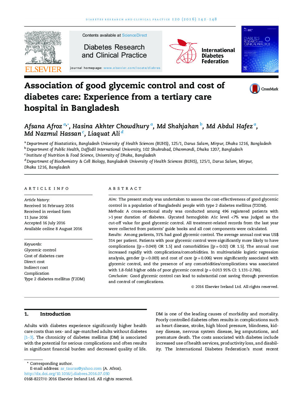 Association of good glycemic control and cost of diabetes care: Experience from a tertiary care hospital in Bangladesh