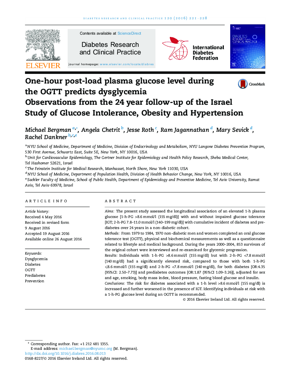 One-hour post-load plasma glucose level during the OGTT predicts dysglycemia: Observations from the 24 year follow-up of the Israel Study of Glucose Intolerance, Obesity and Hypertension