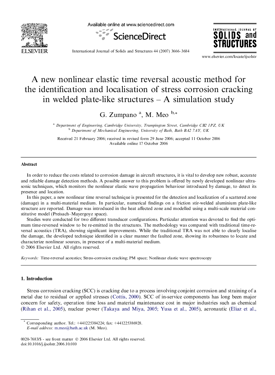 A new nonlinear elastic time reversal acoustic method for the identification and localisation of stress corrosion cracking in welded plate-like structures – A simulation study
