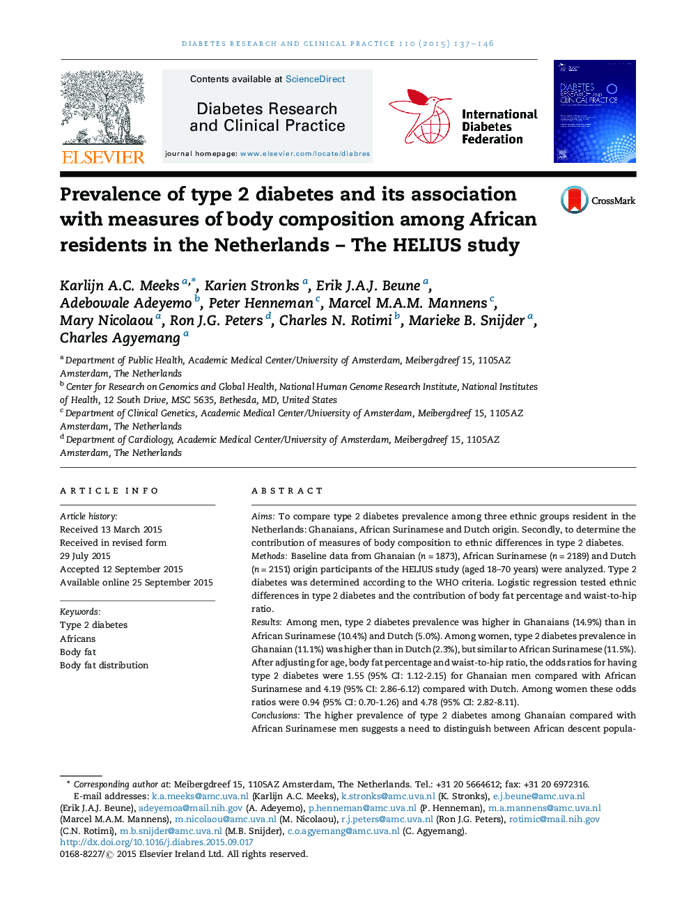 Prevalence of type 2 diabetes and its association with measures of body composition among African residents in the Netherlands – The HELIUS study