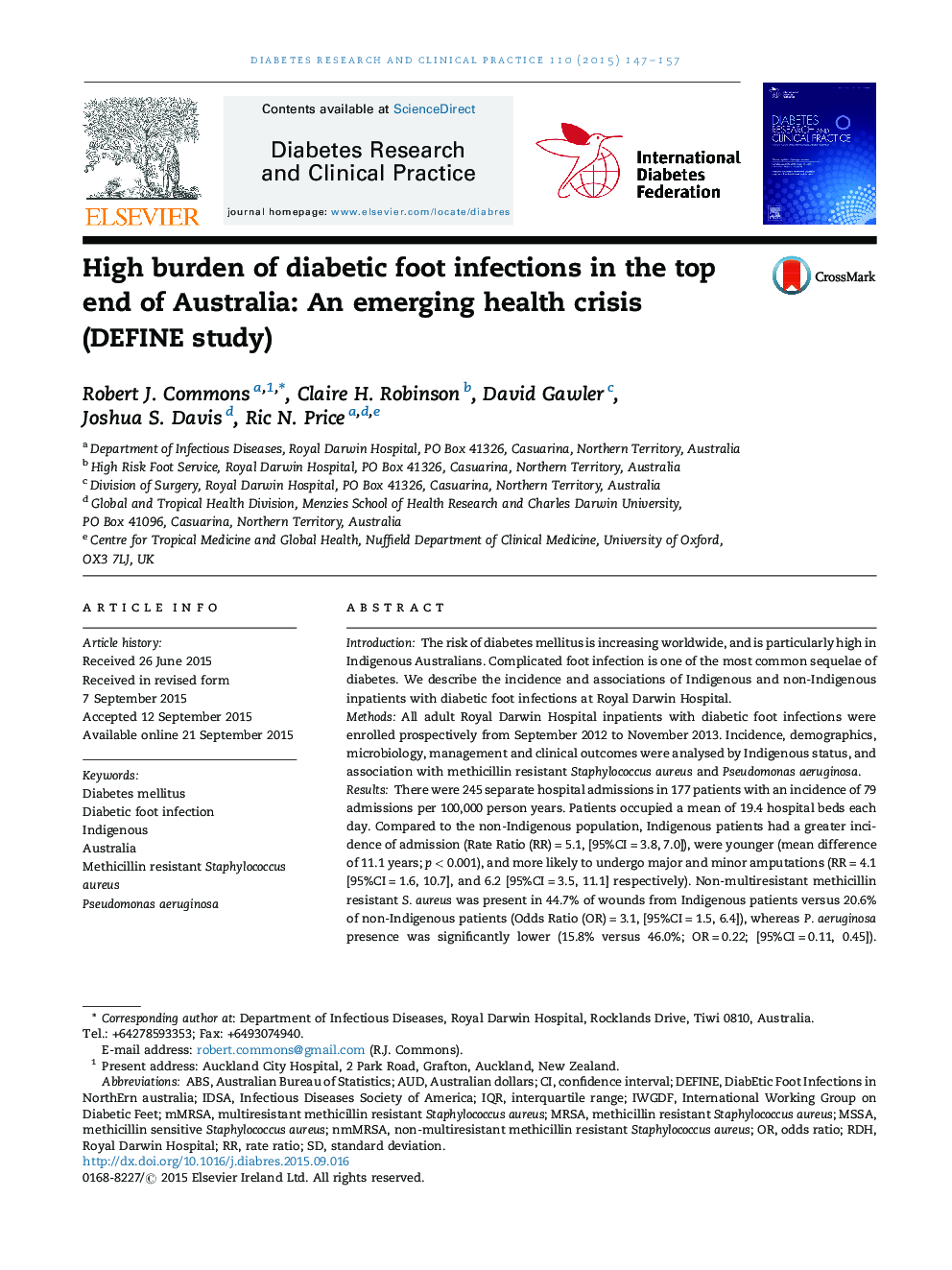 High burden of diabetic foot infections in the top end of Australia: An emerging health crisis (DEFINE study)