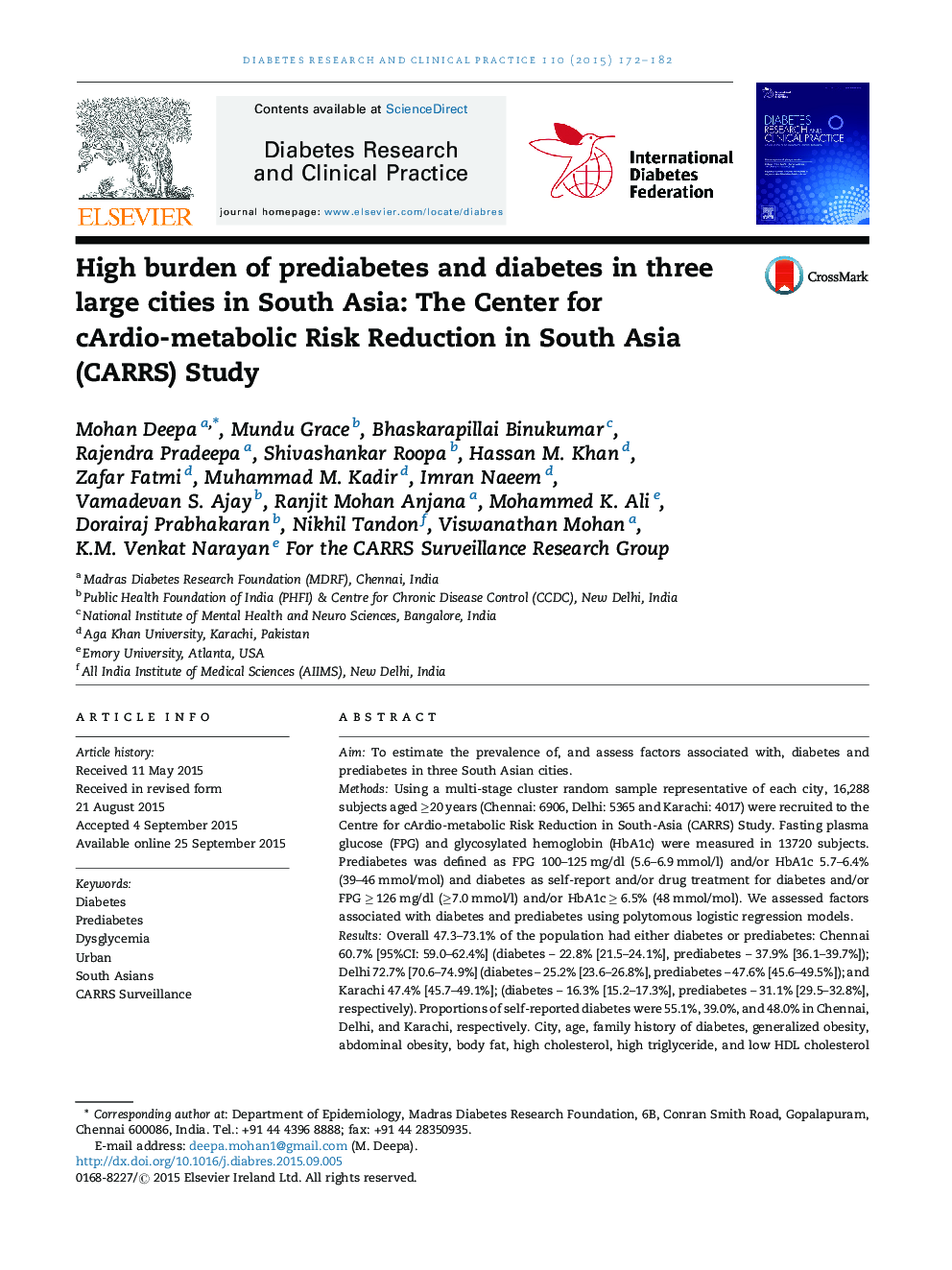 High burden of prediabetes and diabetes in three large cities in South Asia: The Center for cArdio-metabolic Risk Reduction in South Asia (CARRS) Study