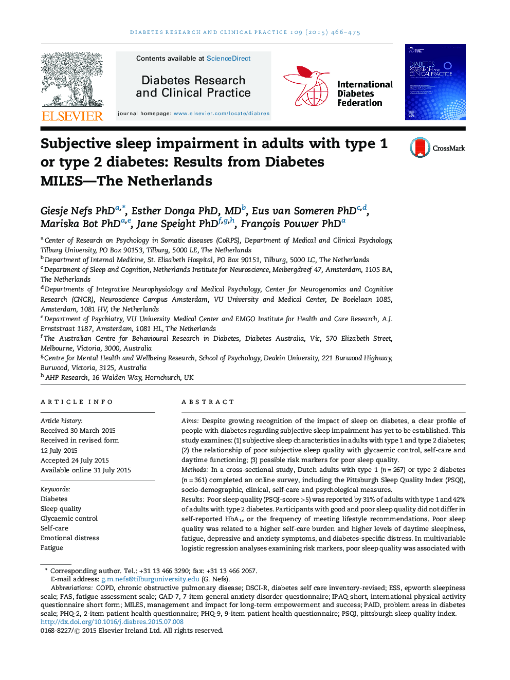 Subjective sleep impairment in adults with type 1 or type 2 diabetes: Results from Diabetes MILES—The Netherlands