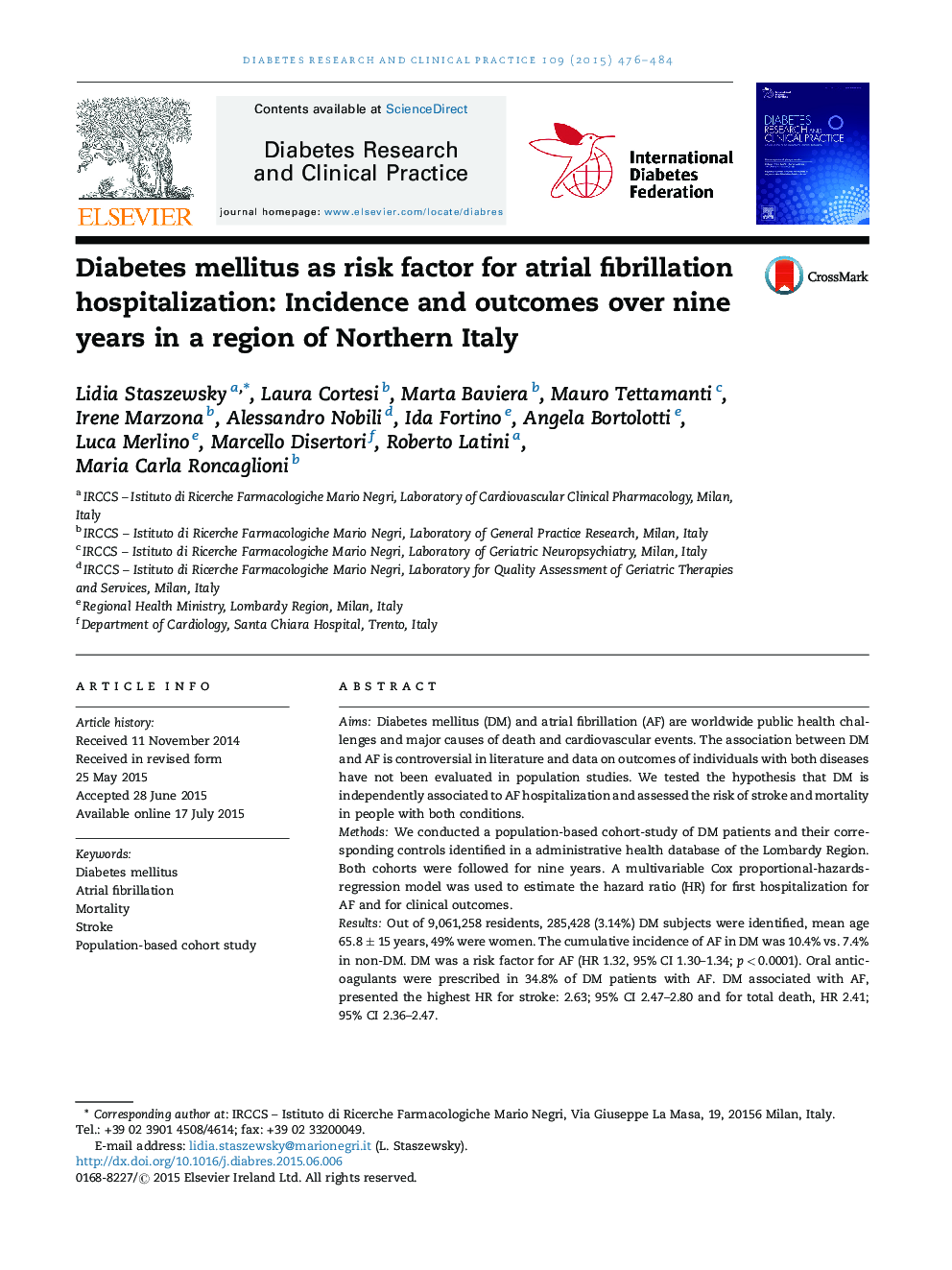 Diabetes mellitus as risk factor for atrial fibrillation hospitalization: Incidence and outcomes over nine years in a region of Northern Italy