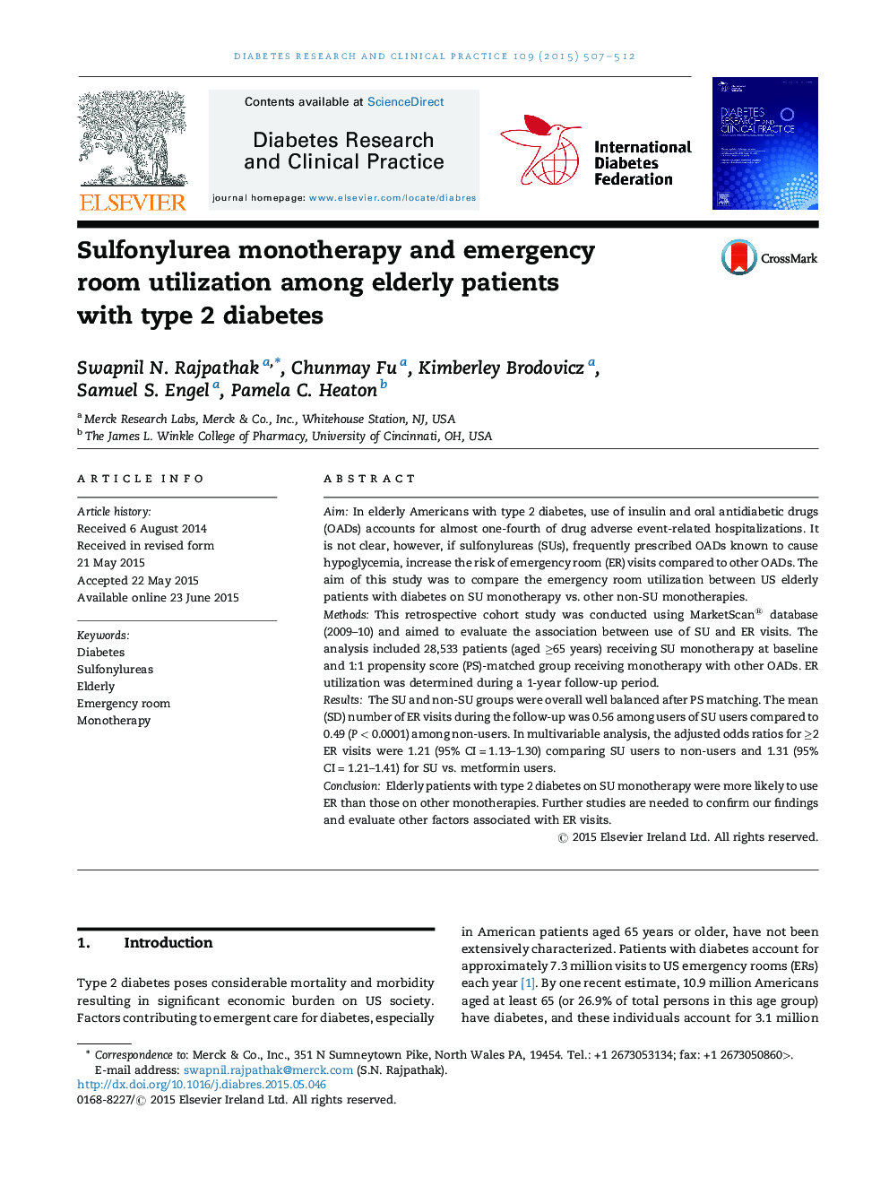 Sulfonylurea monotherapy and emergency room utilization among elderly patients with type 2 diabetes