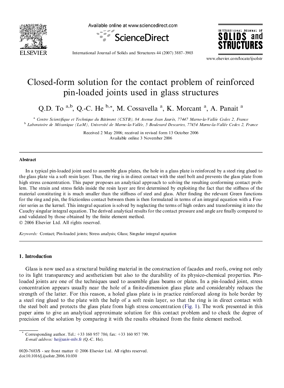 Closed-form solution for the contact problem of reinforced pin-loaded joints used in glass structures