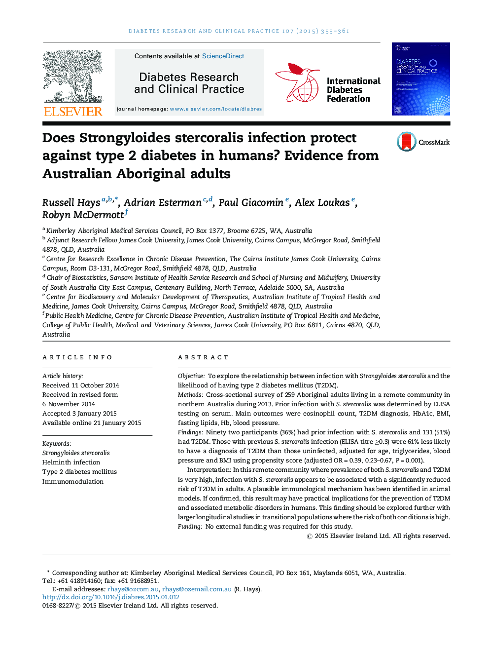 Does Strongyloides stercoralis infection protect against type 2 diabetes in humans? Evidence from Australian Aboriginal adults