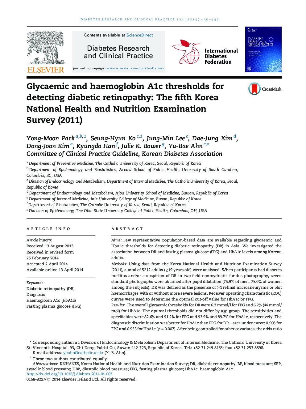 Glycaemic and haemoglobin A1c thresholds for detecting diabetic retinopathy: The fifth Korea National Health and Nutrition Examination Survey (2011)