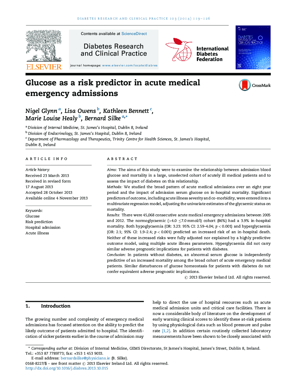 Glucose as a risk predictor in acute medical emergency admissions