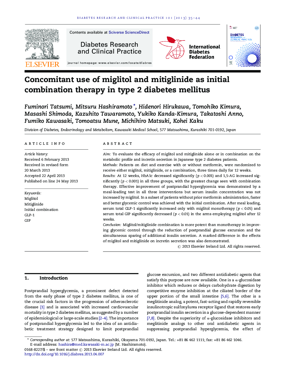 Concomitant use of miglitol and mitiglinide as initial combination therapy in type 2 diabetes mellitus